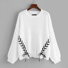 Shein Plus Lace Up Lantern Sleeve Sweater