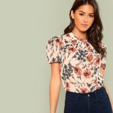 Shein Gathered Neck Puff Sleeve Floral Top