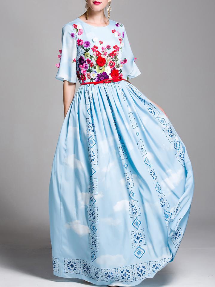 Shein Flowers Applique Beading Print Dress