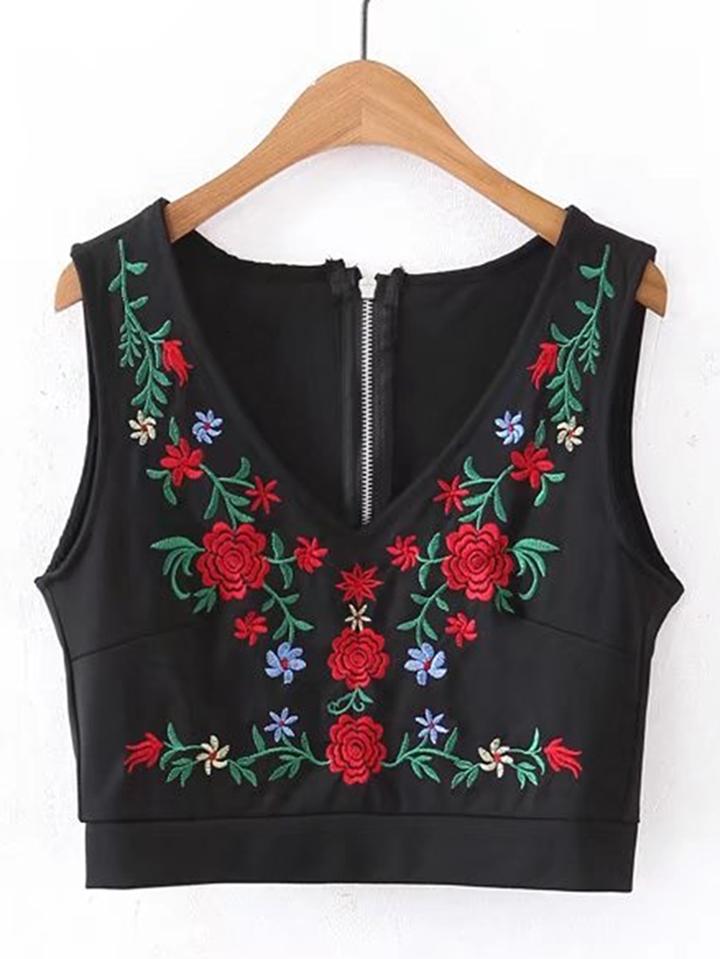 Shein Flower Embroidered Zipper Back Tank Top