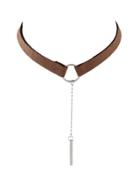 Shein Silver Brown Pu Leather Choker Necklace With Long Chain