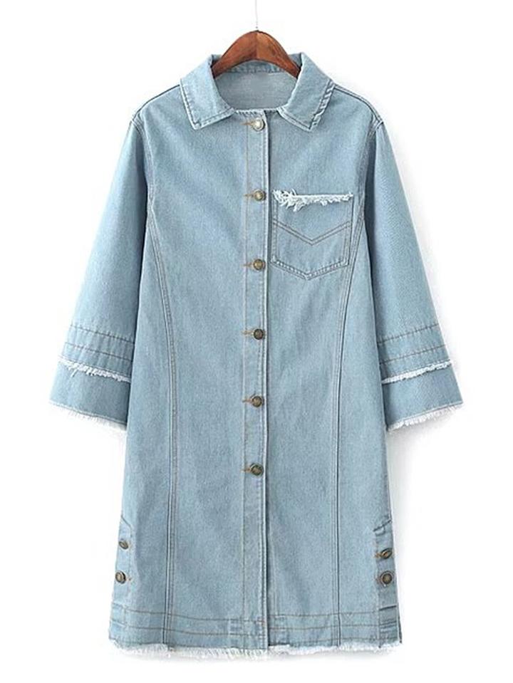 Shein Single Breasted Frayed Trim Longline Denim Coat