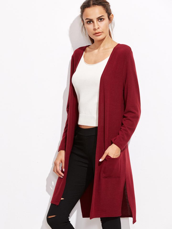 Shein Burgundy Open Front Split Side Long Cardigan With Pockets