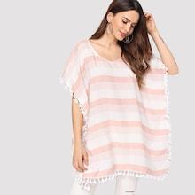 Shein Striped Tassel Trim Blouse