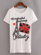Shein Studded Eiffel Tower Print White T-shirt