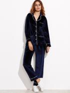 Shein Navy Velvet Contrast Trim Pajama Suit