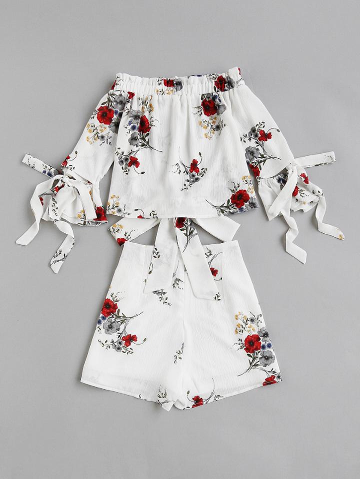 Shein Bow Tie Detail Bardot Top And Wrap Shorts Co-ord