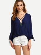 Shein Navy Crisscross Long Sleeve Tie Cuff Blouse