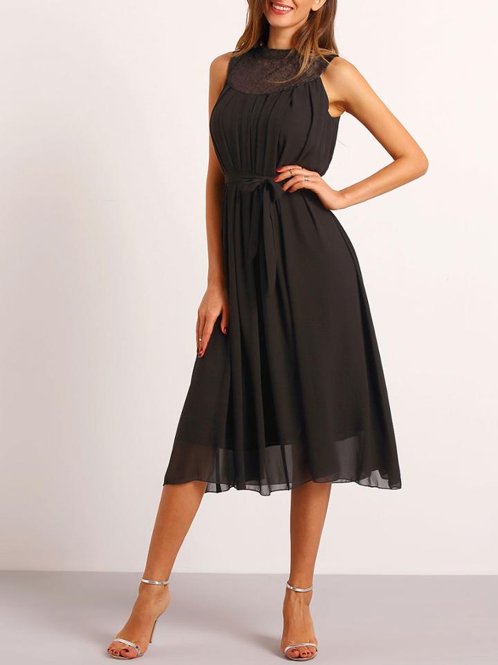 Shein Black Crew Neck Lace Tie Waist Dress
