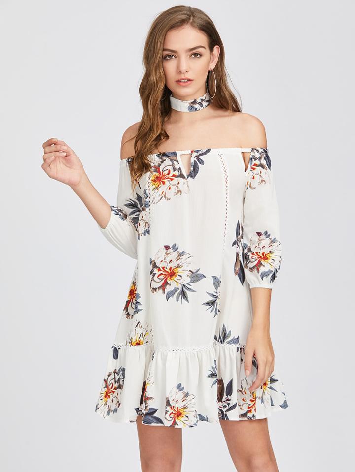 Shein Bardot Hollow Lace Panel Frill Dress With Neck Tie