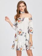 Shein Bardot Hollow Lace Panel Frill Dress With Neck Tie
