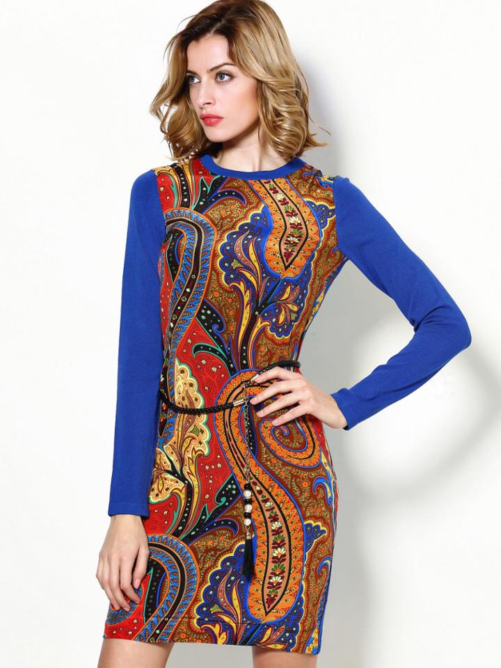 Shein Blue Round Neck Long Sleeve Knit Print Tie-waist Dress