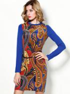 Shein Blue Round Neck Long Sleeve Knit Print Tie-waist Dress