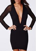 Rosewe Mesh Splicing V Neck Black Bodycon Dress