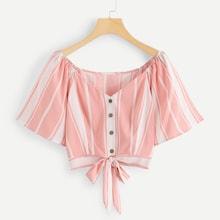Shein Striped Single Breasted Knot Hem Blouse