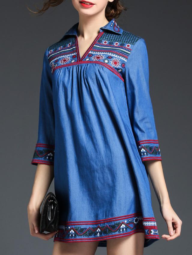 Shein Blue V Neck Embroidered Pleated Denim Dress