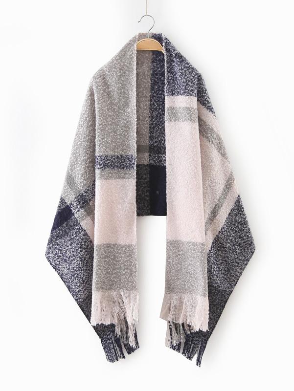 Shein Light Color Plaid Long Fringe Shawl Scarf