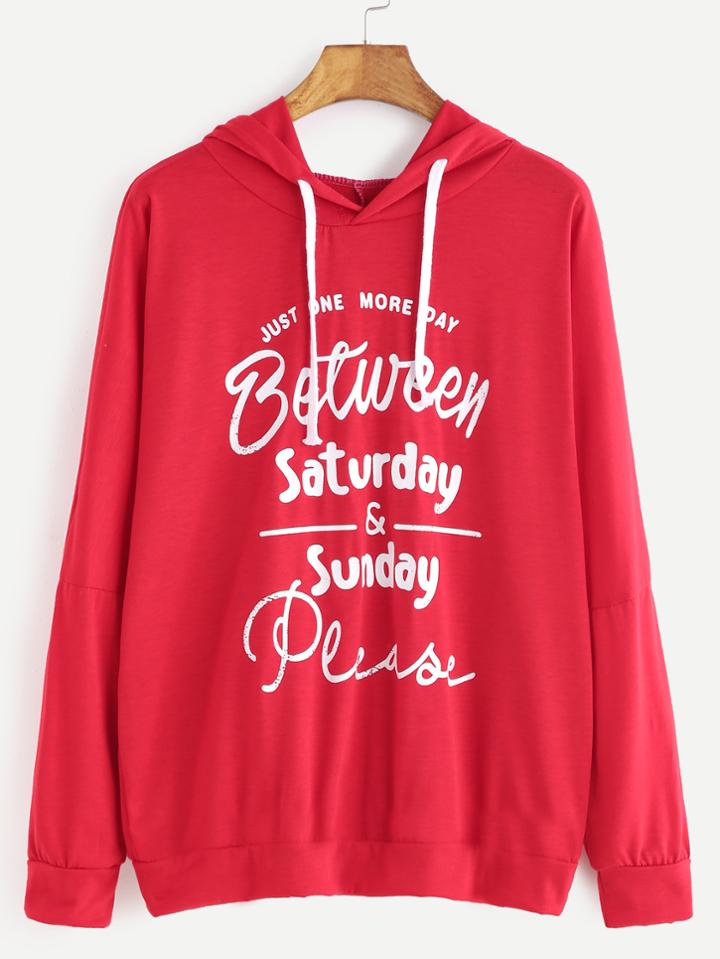 Shein Red Hooded Slogan Print Sweatshirt