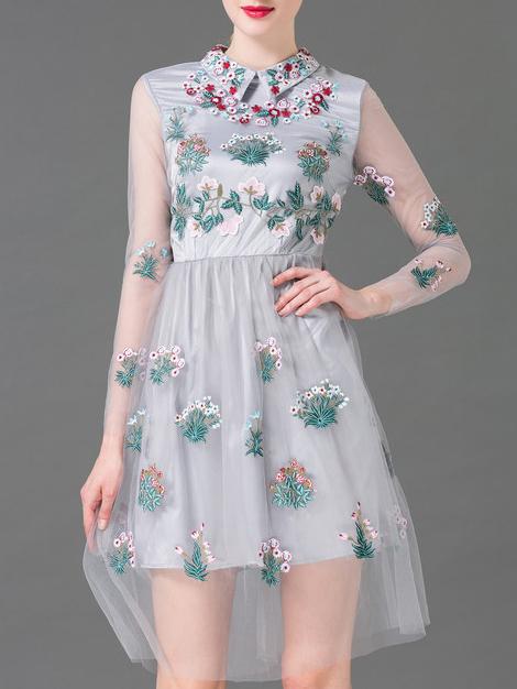 Shein Grey Lapel Gauze Embroidered A-line Dress