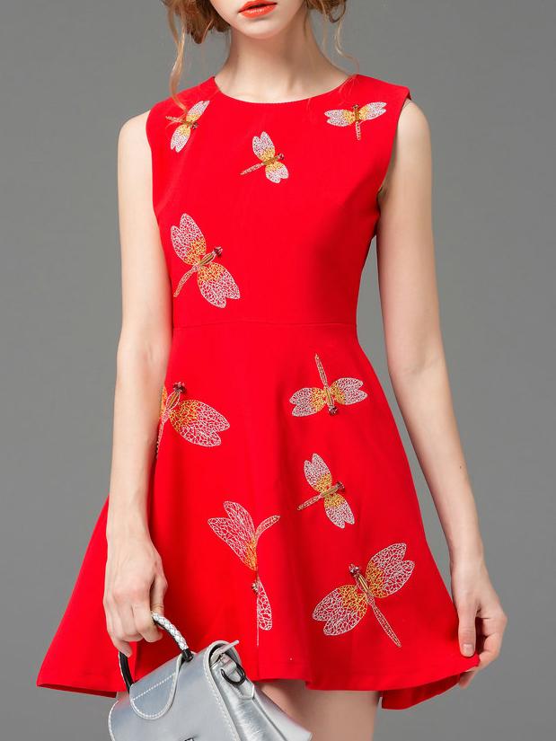 Shein Red Sleeveless Dragonfly Embroidered A-line Dress