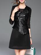 Shein Black Lapel  Contrast Pu Combo Dress
