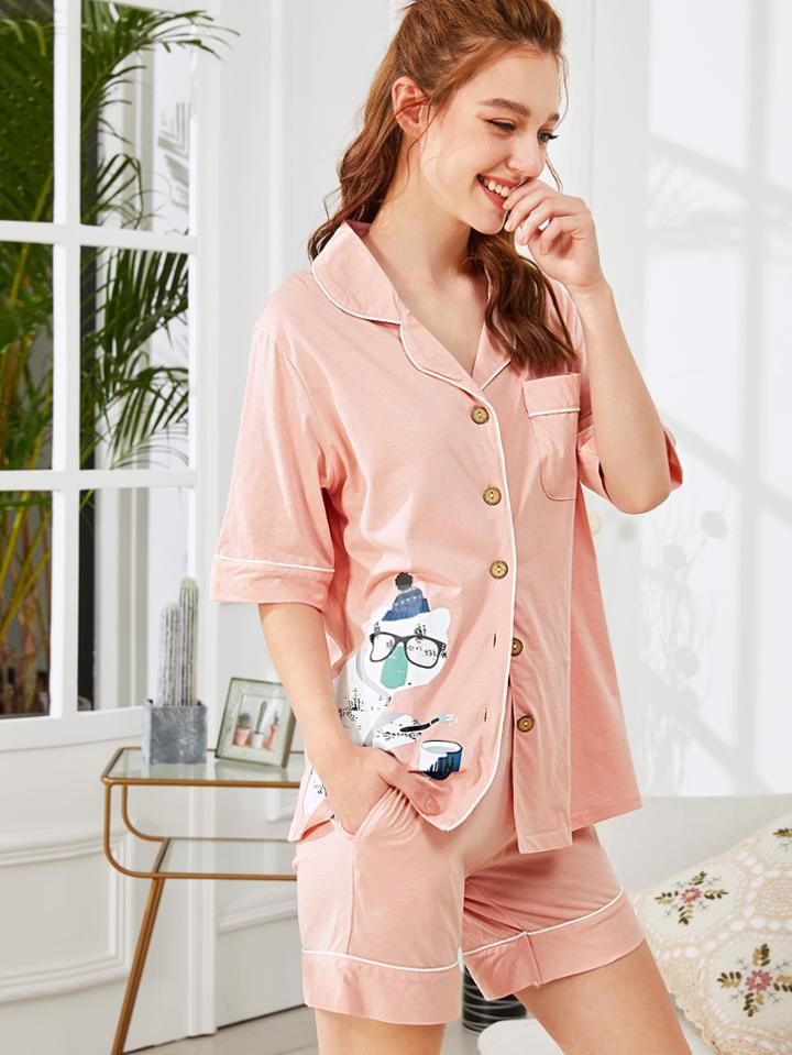 Shein Bear Print Shirt & Shorts Pj Set