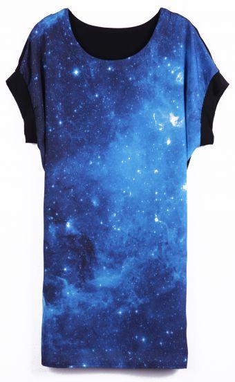 Shein Blue Short Sleeve Galaxy Print Contrast Chiffon T-shirt