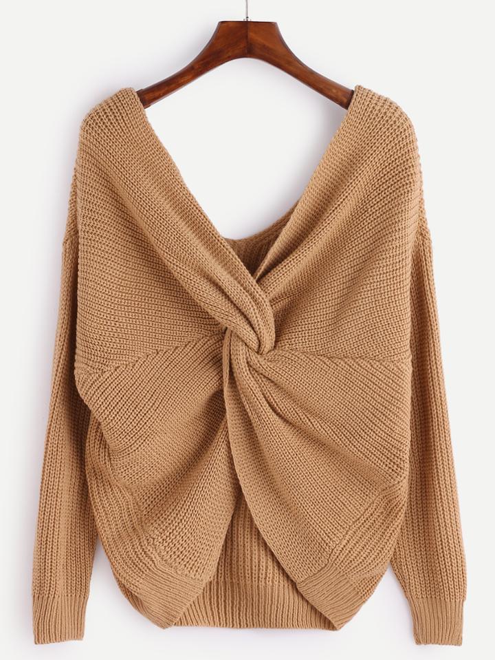 Shein Khaki V Neck Knot Sweater