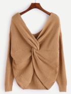 Shein Khaki V Neck Knot Sweater
