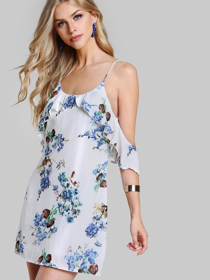 Shein Frilled Cold Shoulder Low Back Floral Dress