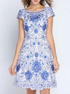 Shein Blue Crew Neck Embroidered A-line Scallop Dress