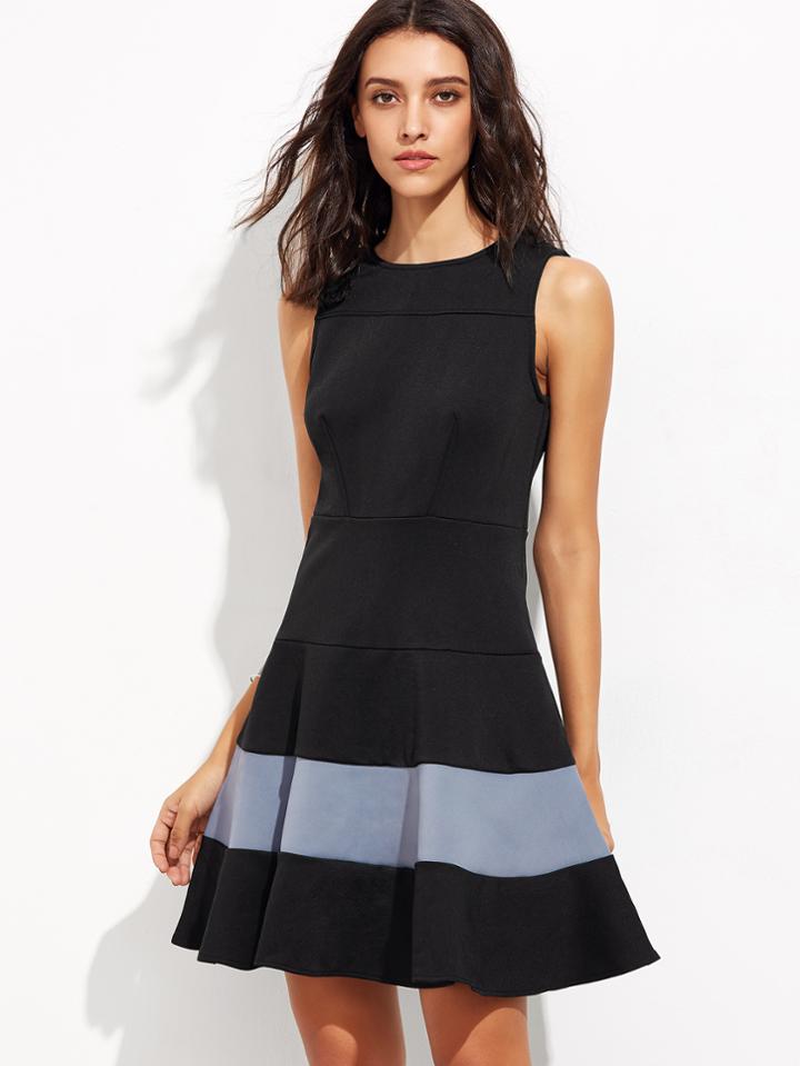 Shein Black Contrast Sleeveless Zipper Back Flare Dress