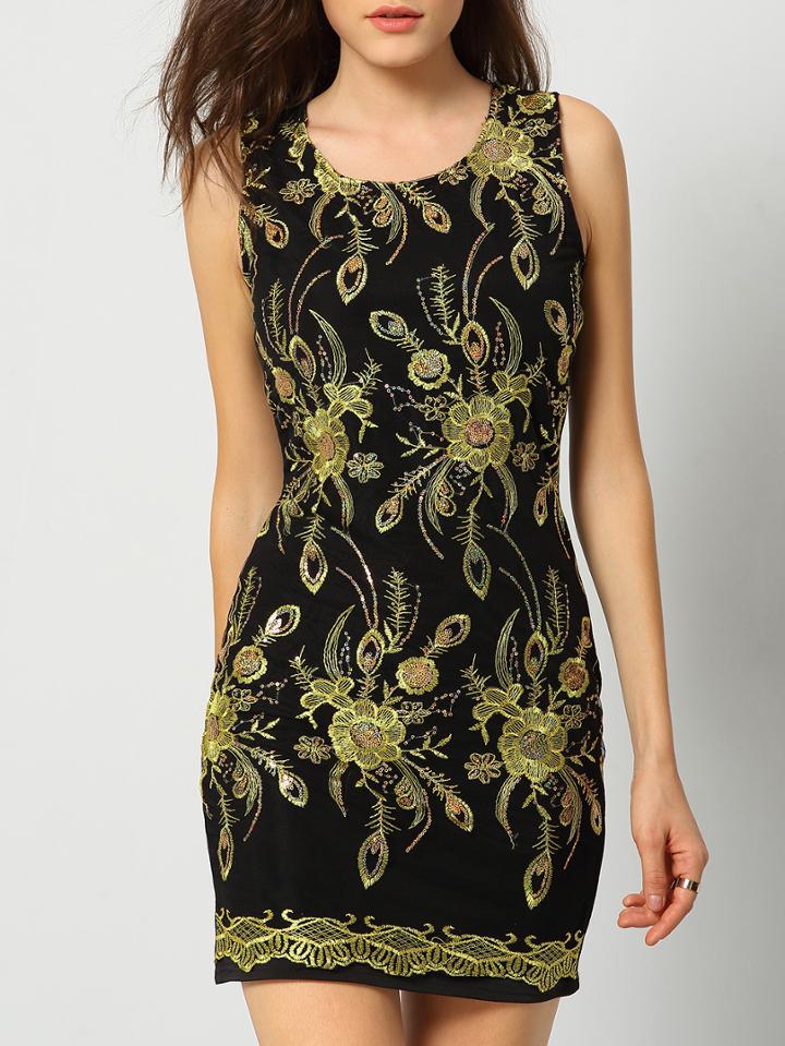 Shein Black Sleeveless Embroidered Slim Bodycon Dress