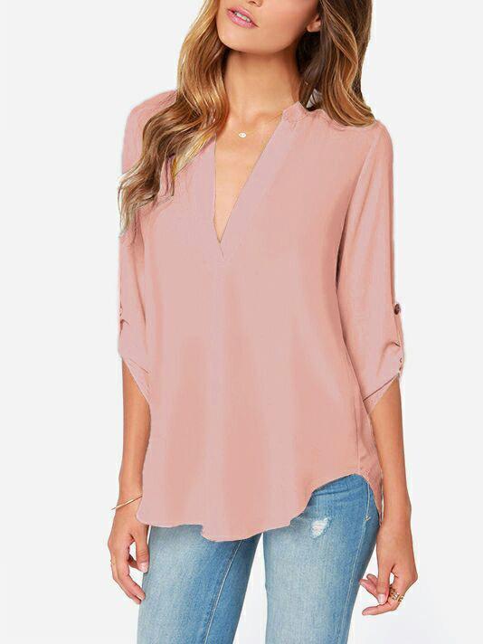 Shein Pink V Neck Slim Blouse