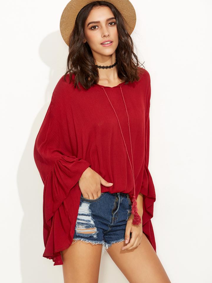 Shein Burgundy Tassel Tie Neck Bell Sleeve Blouse