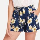 Shein Self Belted Boxed Pleated Floral Shorts