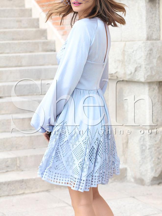Shein Water Blue Puff Sleeve Cut-work Dress