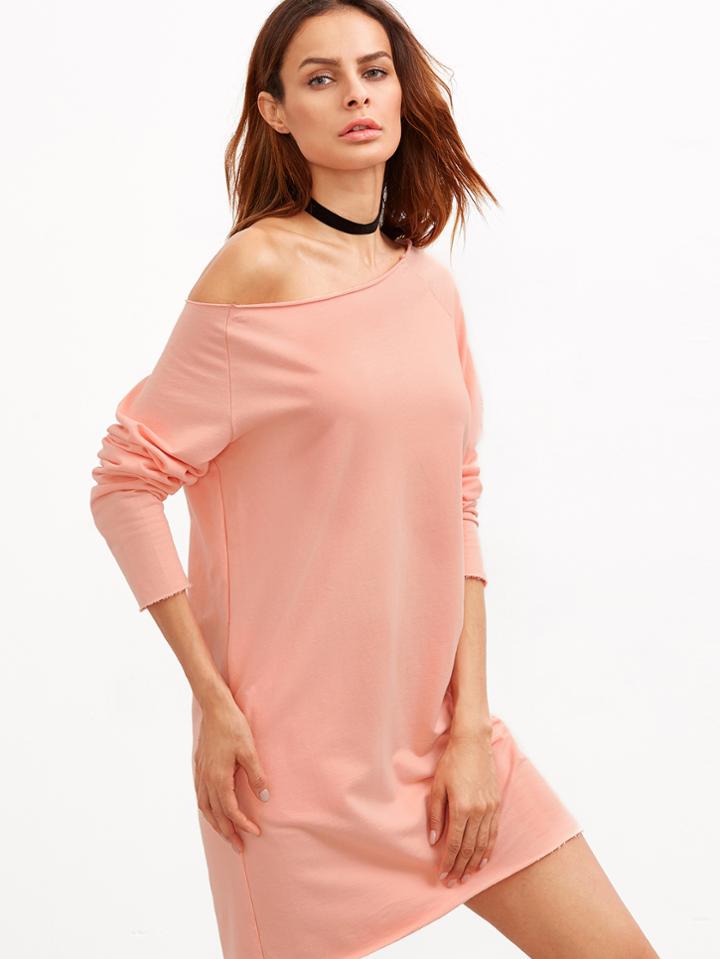 Shein Pink Raw Edge Off The Shoulder Sweatshirt Dress