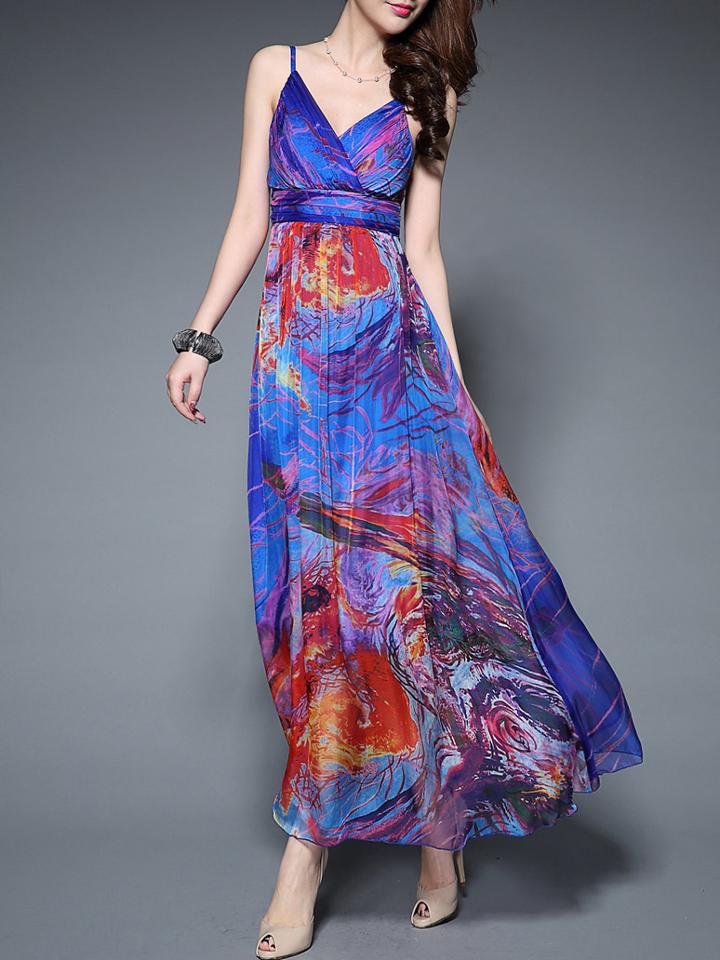 Shein Blue Spaghetti Strap V Neck Backless Print Maxi Dress