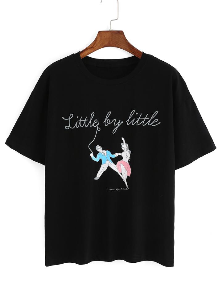 Shein Black Crew Neck People Print T-shirt