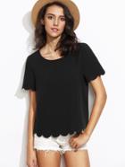 Shein Black Scallop Hem Short Sleeve Top