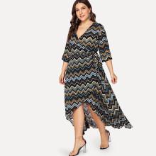 Shein Plus Wrap Front Chevron Print Dress With Belt