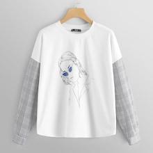 Shein Plaid Sleeve Mixed Media Figure Sweatshirt