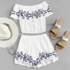 Shein Off Shoulder Embroidered Crop Top With Shorts