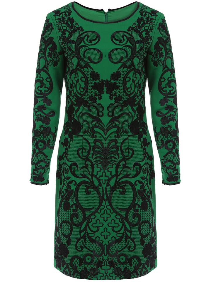 Shein Green Round Neck Long Sleeve Embroidered Dress