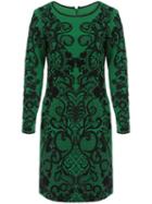 Shein Green Round Neck Long Sleeve Embroidered Dress