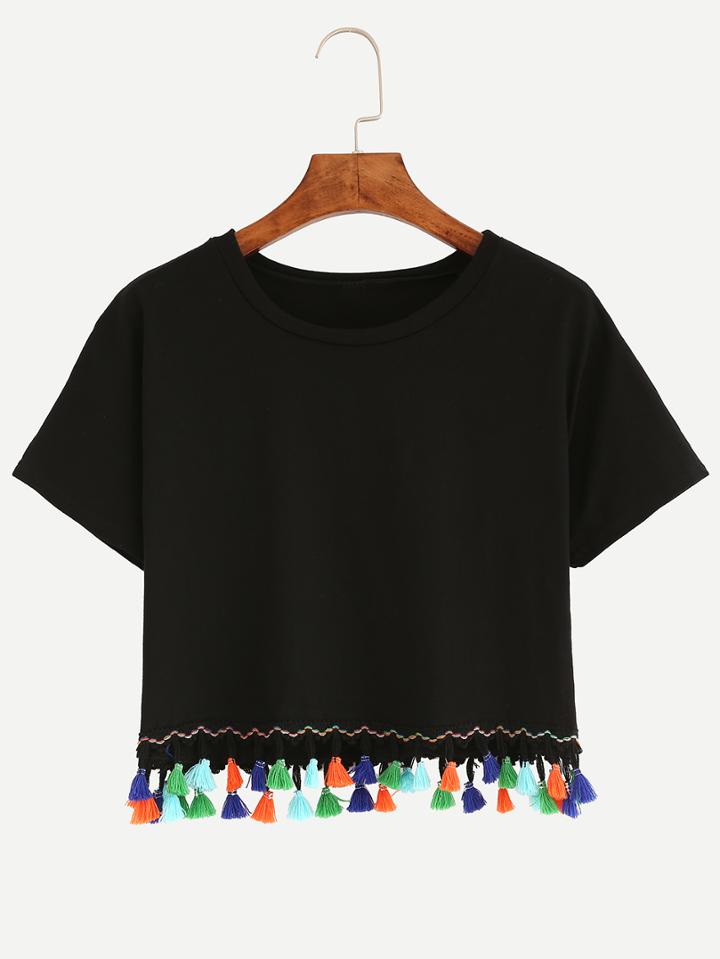 Shein Tassel Trimmed Crop T-shirt - Black
