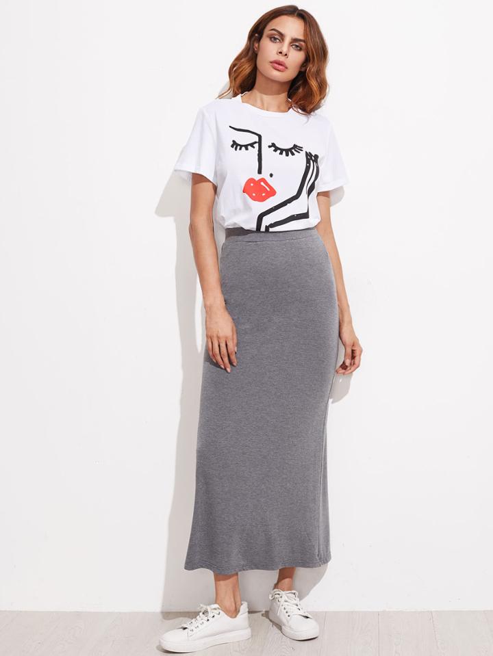 Shein Elastic Waist Heather Knit Longline Jersey Skirt
