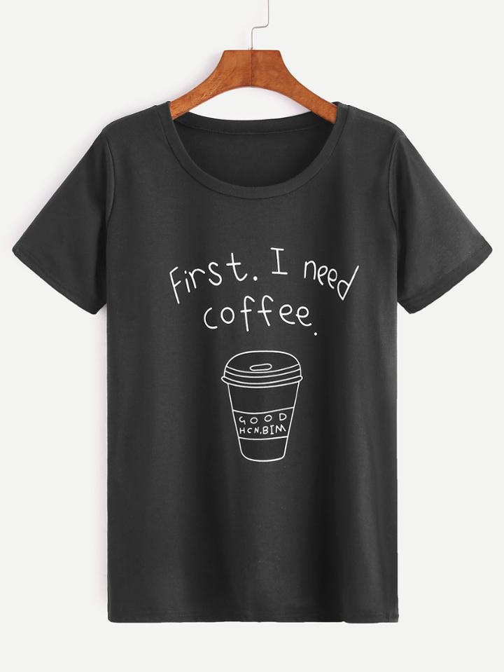 Shein Black Coffee Cup Letters Print T-shirt