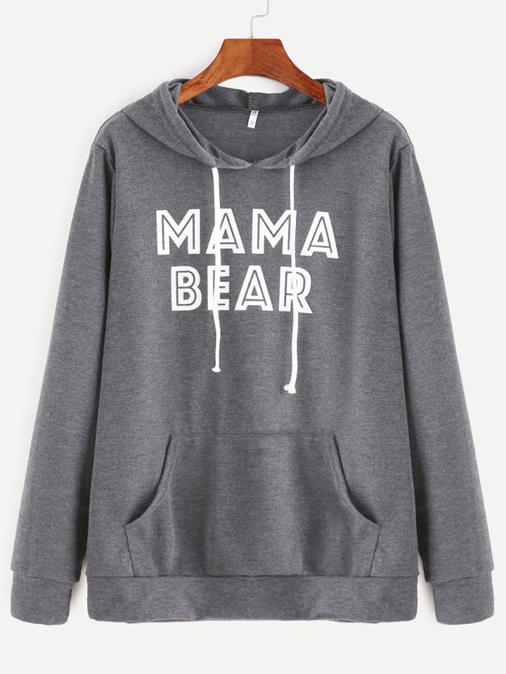 Shein Grey Hooded Letter Print Pocket Sweatshirt
